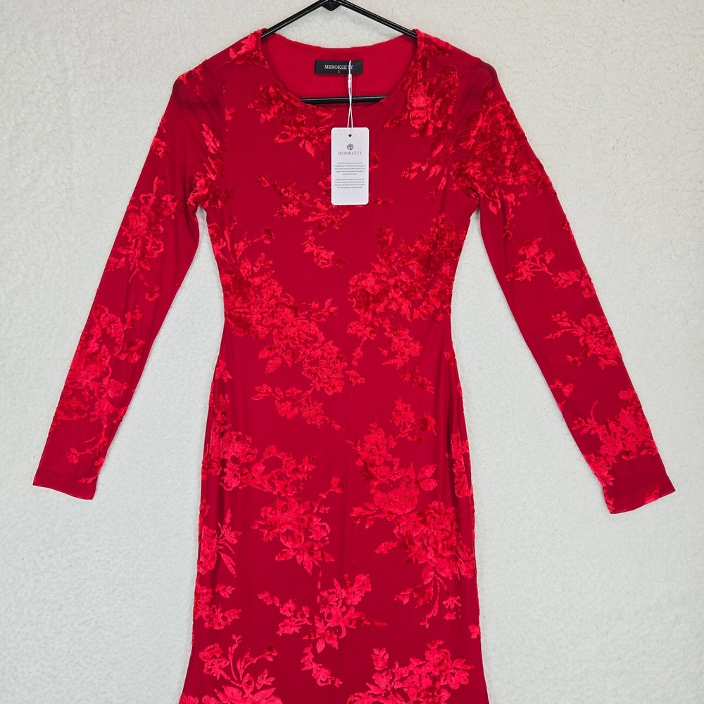 Merokeety Floral Burnout Velvet Maxi Dress S Red Holiday Wedding Prom Whimsigoth